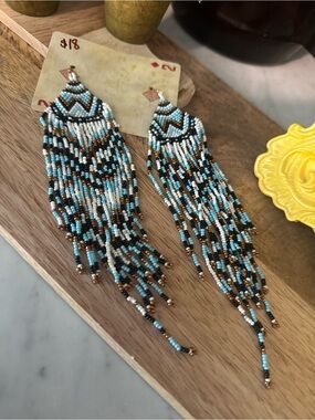 Handmade Beaded Fringe Earrings - Turquoise, White & Black
